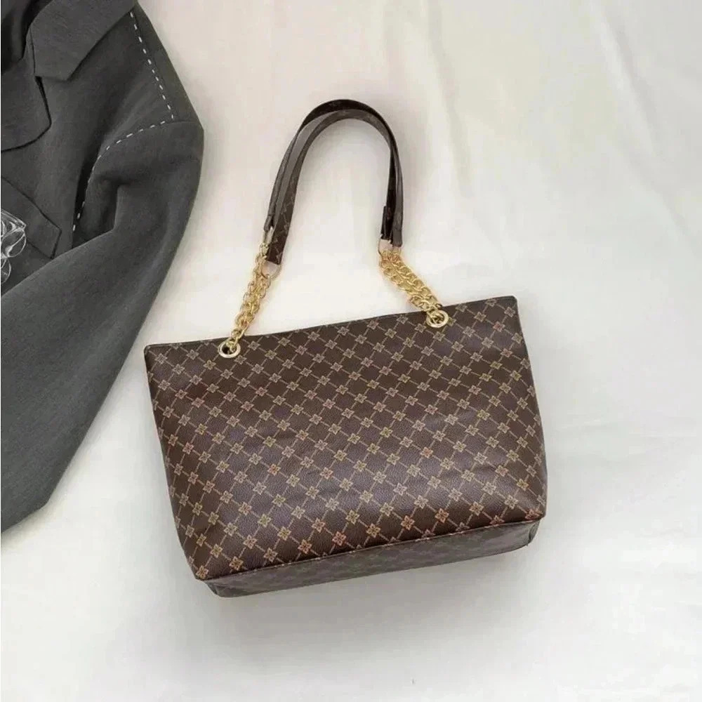 ⚠️Clearance Brown Patterned Large Tote Shoulder Bag Gold Pendant - Picture 3 of 11